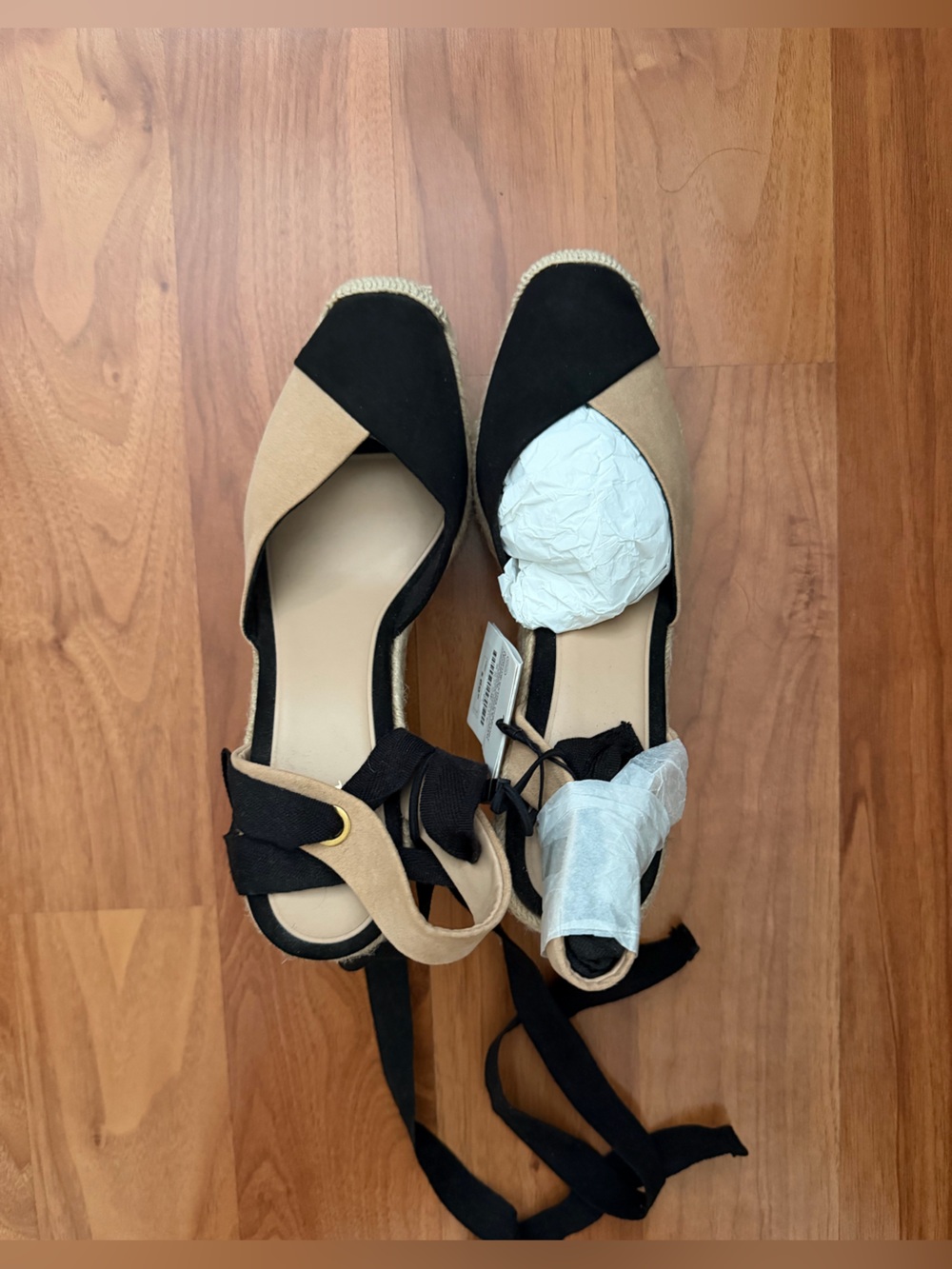 Zara Black and Tan Espadrille Ankle-Tie Flats